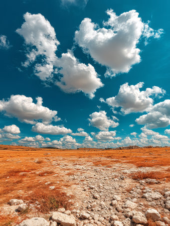 A wide expanse of dry land stretches out beneath a bright blue sky filled with fluffy white clouds. The ground shows cracks and sparse vegetation, typical of arid regions.の素材