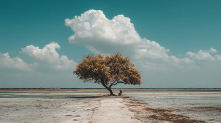 A person sits on dry ground under a tree. The landscape is open with a few clouds in the blue sky. The area looks empty and peaceful with no other people around.の素材