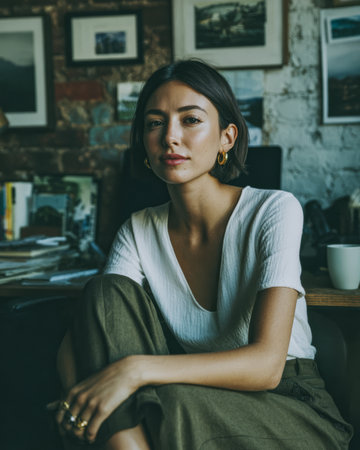 A young woman poses in a creative workspace. She sits comfortably with her arms crossed, surrounded by books and photographs. A cup is placed nearby.の素材