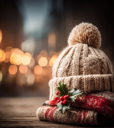 A knit hat with a pom pom sits on a stack of red and brown textiles. Holiday accents are visible. The background has soft lights from a festive market in the evening.の素材