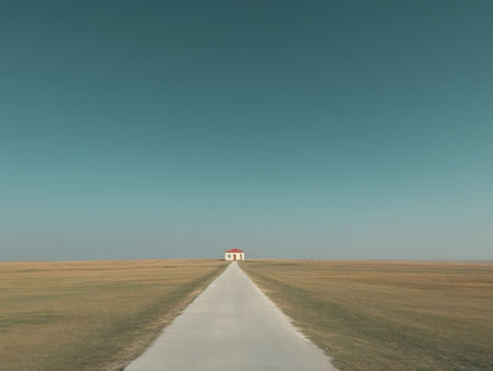 A long concrete path stretches across a wide open field toward a small building with a red roof. The sky is clear with no clouds, and the ground is dry and flat.の素材