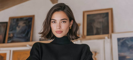 A young woman stands in a room filled with artworks on the walls. She looks directly at the camera while wearing a black sweater. Natural light illuminates the space.の素材