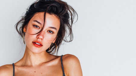 A woman stands with a relaxed expression and tousled hair. She shows freckles on her face while wearing a simple top. The background is plain and unadorned.の素材
