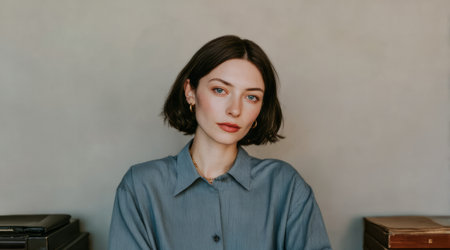 A woman sits in a calm indoor space, wearing a blue shirt. She gazes directly at the viewer. Brown furniture is visible nearby. Soft light fills the area.の素材