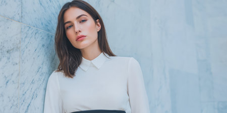 A woman stands against a marble wall in a city. She wears a white top and black bottom. The background is light. Her expression shows focus. The scene is bright.の素材