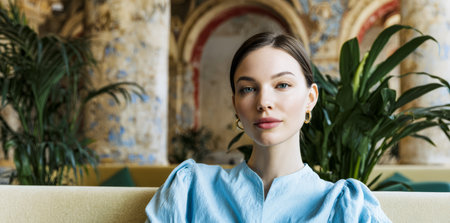 A young woman sits on a soft couch with plants in the background. She has a calm expression and wears a light blue top. The setting is bright with decorative walls.の素材