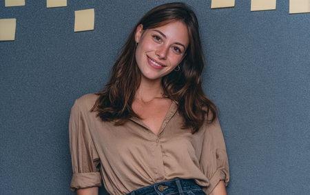 A woman stands smiling in a creative workspace with a wall covered in yellow sticky notes. She wears a casual outfit and appears relaxed during the gathering.の素材