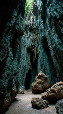 A person stands at the entrance of a cave, surrounded by tall rock walls and scattered boulders. Light shines down from above, showing the details of the stone surfaces.の素材