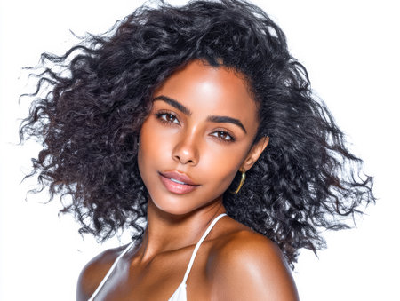 A young woman stands in a studio with bright lighting. She has curly hair and is looking directly at the camera with a gentle expression. The background is plain.の素材