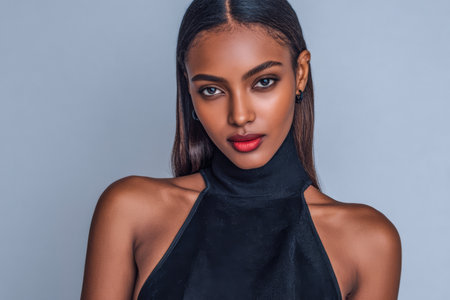 A woman stands against a gray wall wearing a black outfit. She looks confidently at the camera with a bold lip color. The setting highlights fashion and beauty in a simple manner.の素材