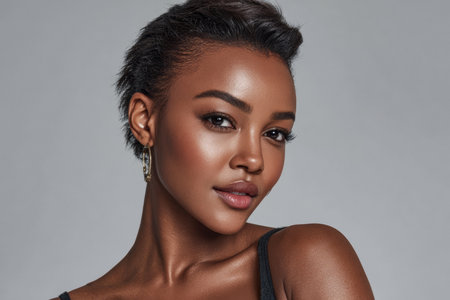 A woman stands confidently with short hair and a slight smile. She has earrings and poses in a studio with a gray background. Soft lighting illuminates her features.の素材