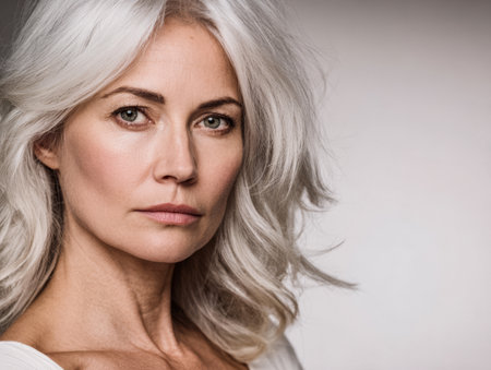 A woman stands in front of a simple background, facing the camera. She has gray hair and a calm expression. The lighting highlights her features softly, creating focus on her face.の素材