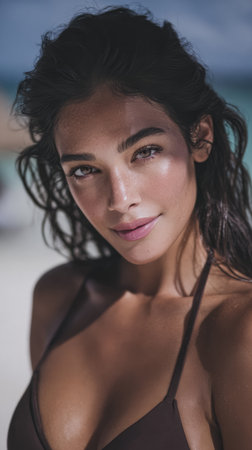 A woman stands on a beach wearing brown swimwear. She has wet hair and looks directly at the camera with a soft expression. The ocean is visible behind her.の素材