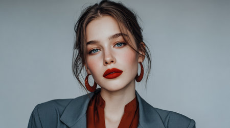 A model poses in a studio wearing a gray blazer and red blouse. She has red lipstick and earrings, with soft lighting highlighting her features.の素材