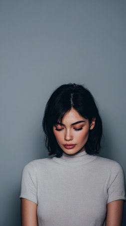 A young woman with dark hair stands in front of a gray background. She looks down and her expression is serious. The lighting is soft and highlights her features subtly.の素材