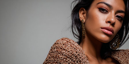 A model stands in a studio with a neutral background. She wears large earrings and a textured outfit. Her expression is confident as she poses for the camera.の素材