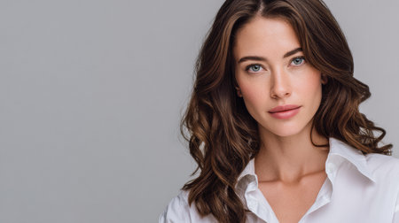 A model stands in front of a plain background wearing a white shirt. She looks directly at the camera with a serious expression. Her hair is styled in loose waves.の素材