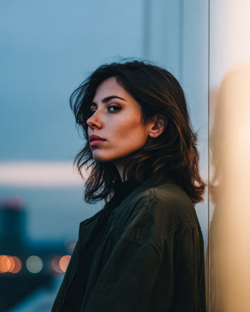 A woman stands against a wall, looking away with a serious expression. The background shows city lights at dusk, creating a moody atmosphere.の素材