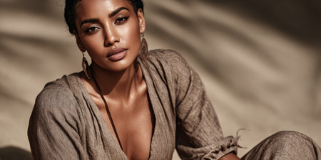 A woman poses on the sand, her expression serious. Natural light emphasizes her features. She wears simple clothing and accessories as she looks directly at the camera.の素材