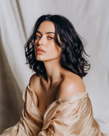 A woman with curly dark hair poses softly with her shoulders bare. She gazes directly at the camera. The background is simple and neutral, focusing attention on her expression.の素材