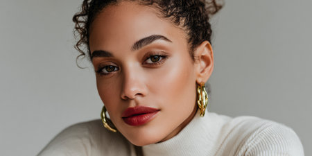 A woman with curly hair sits with her arms crossed, wearing a cozy sweater and gold earrings. She looks directly at the camera, showing a calm expression during a fashion shoot.の素材