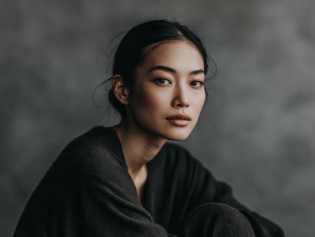 A woman sits with her knees drawn up and gazes at the camera. The background is soft and muted. She has dark hair and a neutral expression, wearing simple clothing.の素材
