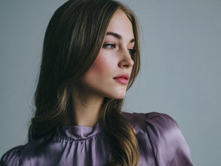 A young woman stands in a studio with neutral background. She has long hair and wears a top while looking to the side. Light illuminates her face, creating a natural look.の素材