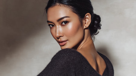 A woman stands in an indoor space, looking over her shoulder with a slight smile. She has dark hair styled in a bun and wears a simple dark sweater. The lighting highlights her features.の素材