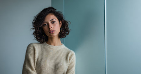 A woman with curly hair looks thoughtfully at the camera while standing inside a building. Natural light filters through a glass wall, highlighting her features.の素材