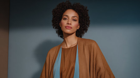 A person stands in a studio wearing simple clothing. The backdrop is blue, and the light creates soft shadows. This moment captures the model's expression and style.の素材