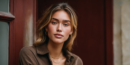 A woman stands near a door, leaning slightly against it. She has long hair and wears simple clothing. The background is red, and the scene takes place during the day.の素材