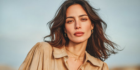 A woman stands outside with light hair blowing in the wind. She wears a shirt and jewelry. The sun casts a warm glow as she looks directly at the camera.の素材