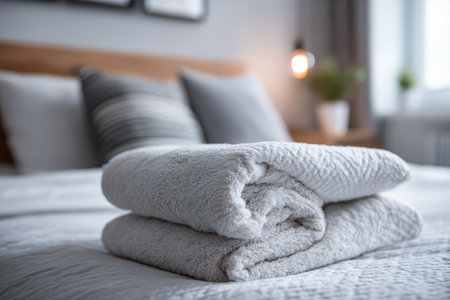 Two soft towels are neatly folded on a bed in a bedroom. The bed has decorative pillows and soft light from a lamp, creating a warm space for relaxation.の素材