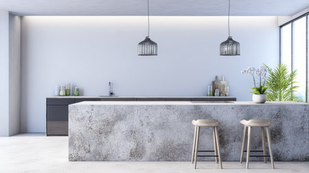 This modern kitchen features a concrete island with stools and hanging lights. The space is bright with natural light coming in through large windows. Green plants add a touch of nature.の素材