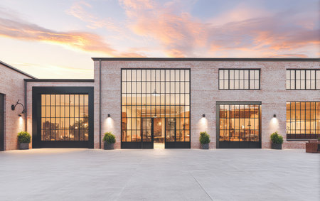 The building features large glass windows reflecting the sunset. The outdoor area is clear and has potted plants beside the entrance. Warm light comes from inside.の素材
