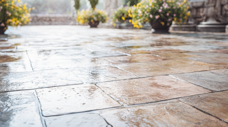 Raindrops hit the stone tiles of a patio. Flower pots with blooming plants are around, adding color to the scene. The setting shows a typical garden view after rain.の素材