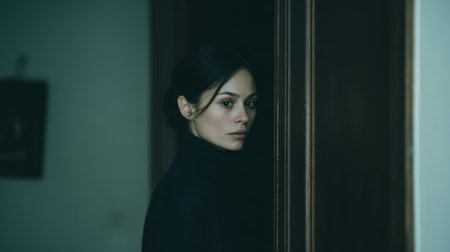 A woman stands near a closed door, facing away from the light. She looks back as if waiting for someone or something. The room has a dark atmosphere.の素材