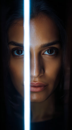 A woman looks directly into the camera with a serious expression. A beam of light runs down the center of her face, creating a striking contrast in a dark area at night.の素材
