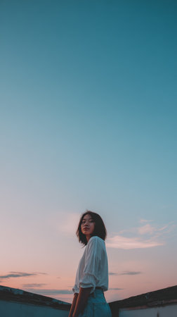 A woman stands outdoors at sunset looking back with a slight smile. The sky is mostly clear with soft clouds and warm colors toward the horizon. The scene shows a quiet moment in the evening.の素材