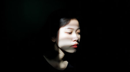 A woman stands in a dark area as light falls across her face. She has a calm expression and her hair is dark. The setting suggests a moment of reflection.の素材