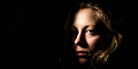 A woman stands in low light, gazing directly forward with a serious expression. The shadows create a contrast that highlights her facial features. The setting is indoors during evening hours.の素材