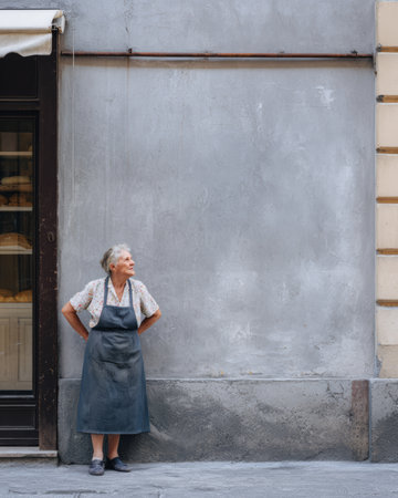 An older woman in an apron stands against a gray wall in a city street. She looks around as she waits. The scene shows a quiet moment in an urban setting during the day.の素材