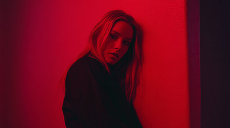 A young woman leans against a wall in a dimly lit room. Red light creates a strong contrast with her features. She appears thoughtful and contemplative.の素材
