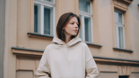 A young woman wearing a light hoodie stands outside a building with several windows. She looks thoughtfully to the side in a city setting.の素材