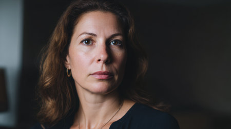 A woman stands facing the camera in a room with low light. She has a serious expression and her hair falls loosely around her shoulders, showing a focus on her features.の素材