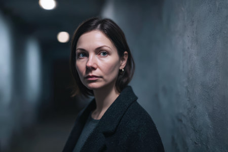 A woman stands in a dim hallway. She looks away with a serious face. Soft light filters through the space, creating a mysterious atmosphere.の素材