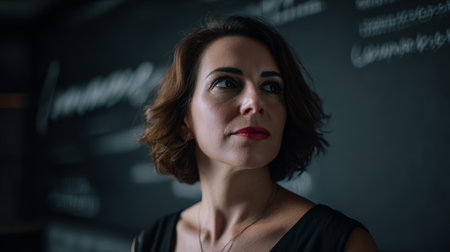 A woman with short hair looks to the side inside a cafe. The dark wall behind her has menu items written on it with white chalk. The setting is lively and casual.の素材