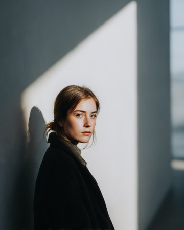 A young woman stands by a wall in an indoor area. Natural light creates shadows around her. She looks directly at the viewer with a neutral expression.の素材
