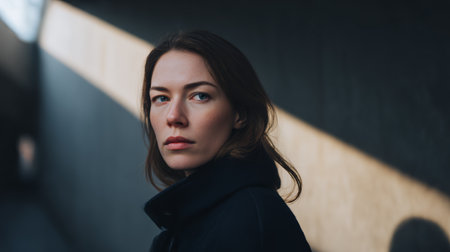 A woman looks directly at the camera while standing in an urban area. Light from above creates a strong contrast against the dark background. It is daytime and she appears thoughtful.の素材