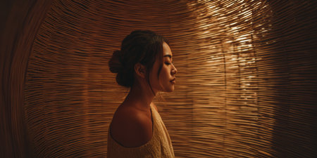 A woman stands quietly in a warm-lit room. The circular woven walls create a cozy feeling. She appears calm as she enjoys the serene atmosphere in the evening.の素材